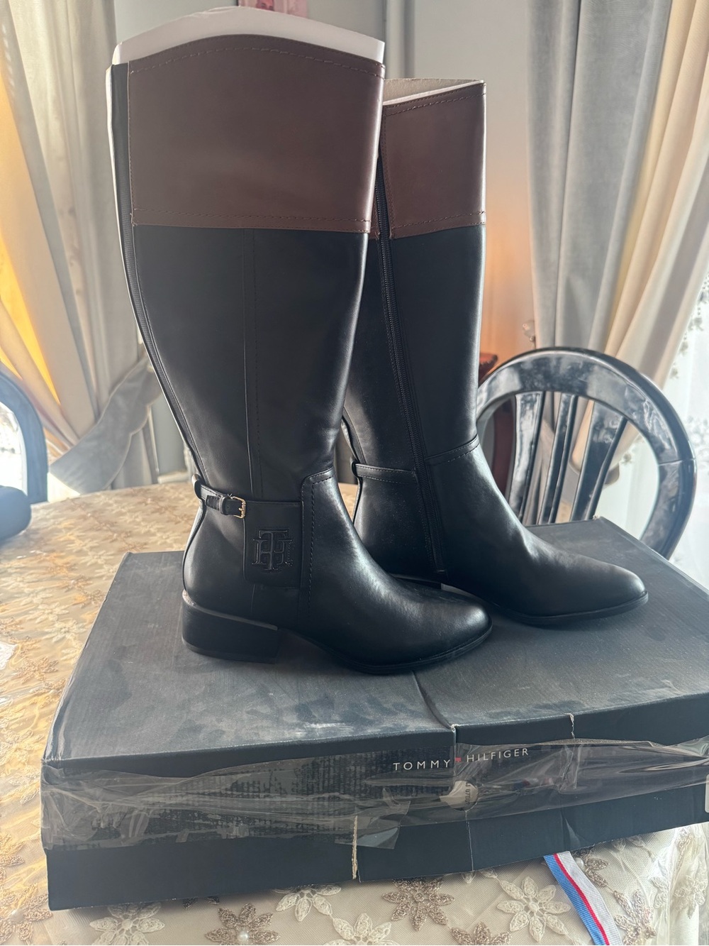 Tommy Hilfiger Black Over-The-Knee Boots with Brown Top Trim